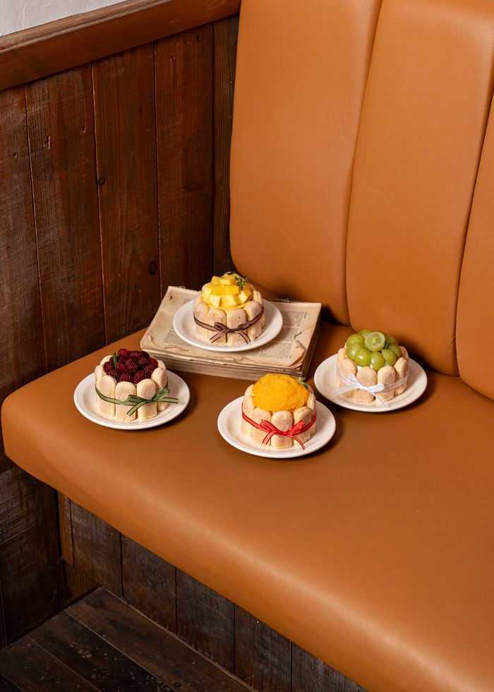 Four fruit-topped Charlotte cakes elegantly displayed on a vintage bench indoors.